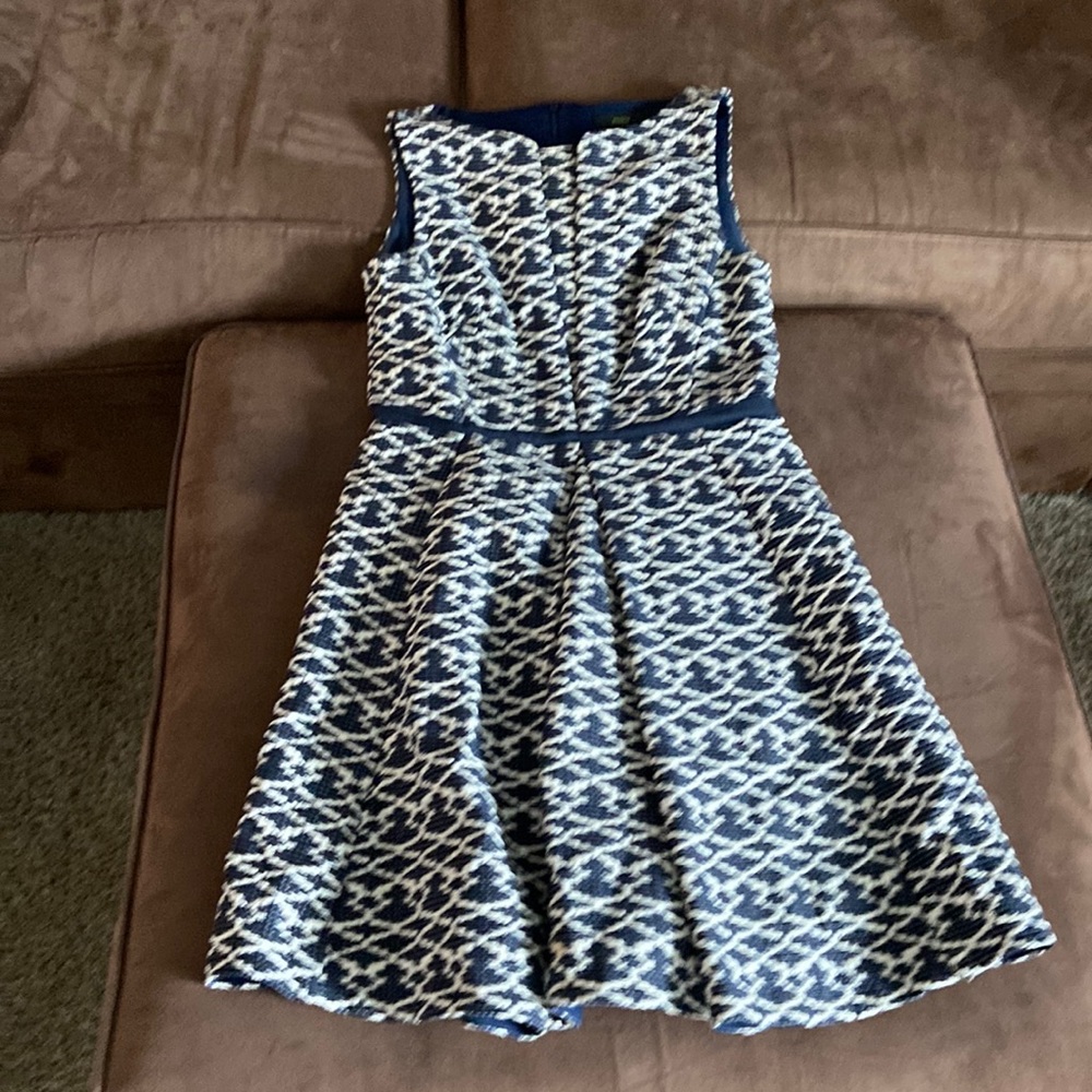 Navy and White Patterned Sleeveless Fit-and-Flare Dress